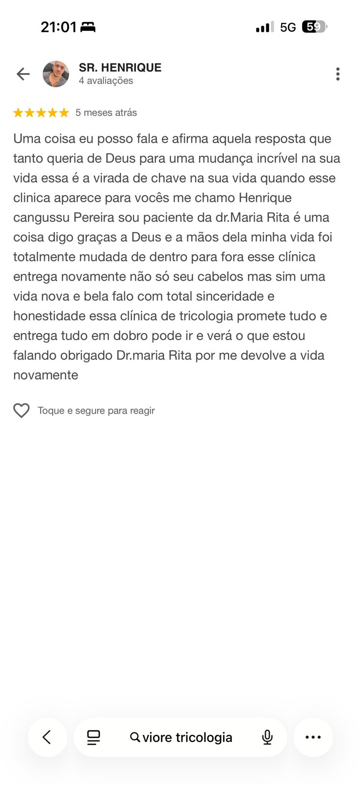 Print de avaliação 5 estrelas no Google